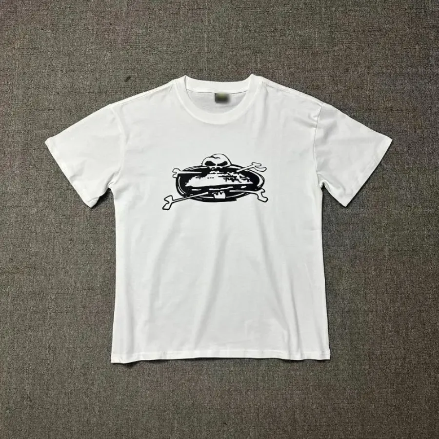 Black Cotton T Shirt with White Graphic Print